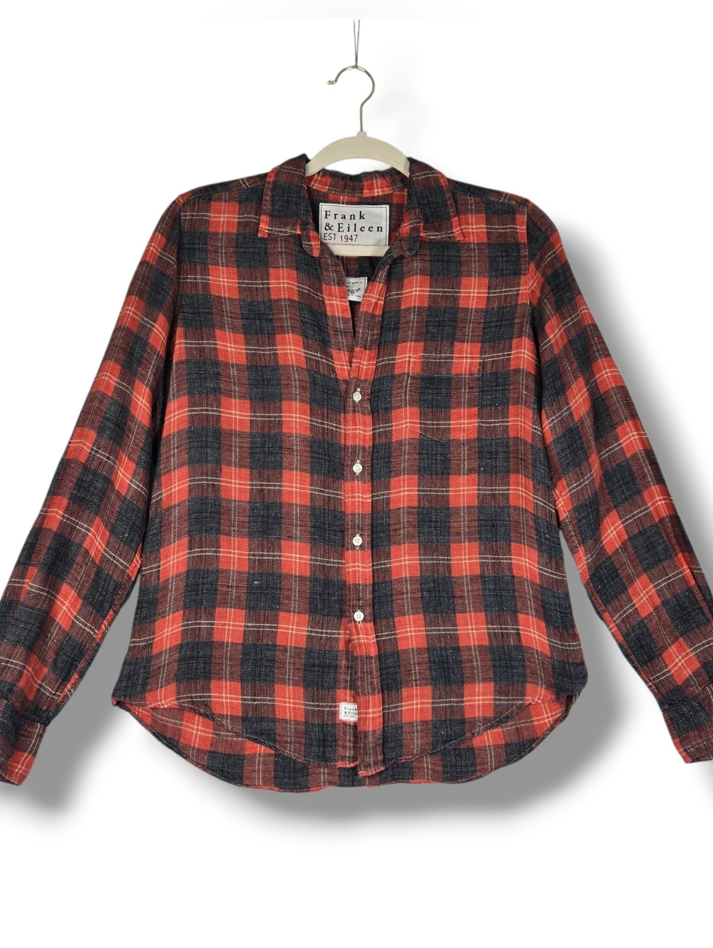 Frank & Eileen Barry 100% Linen Blouse Red Grey Plaid Blouse Size Small